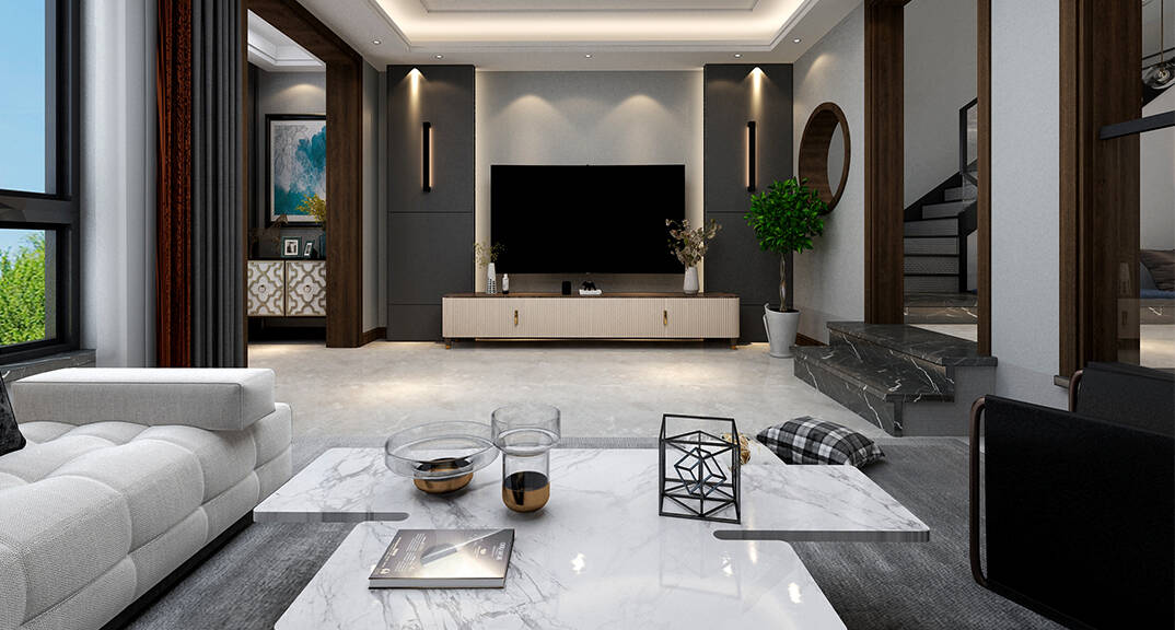 青島鰲山衛(wèi) 別墅 210㎡ 簡(jiǎn)約風(fēng)格電視背景墻裝修效果圖