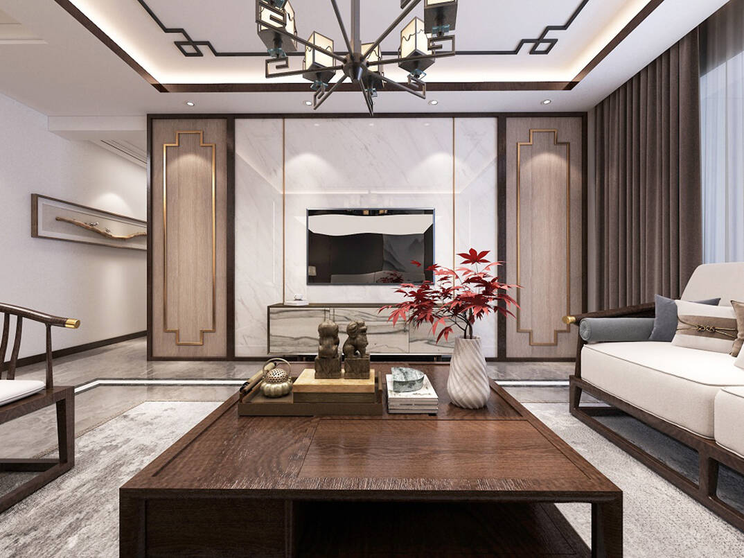 依山伴城127㎡三室兩廳客廳新中式風(fēng)格裝修案例效果圖