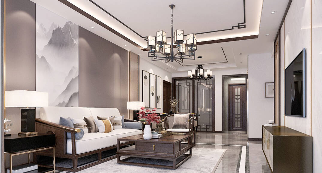 依山伴城127㎡三室兩廳茶室新中式風(fēng)格裝修案例效果圖