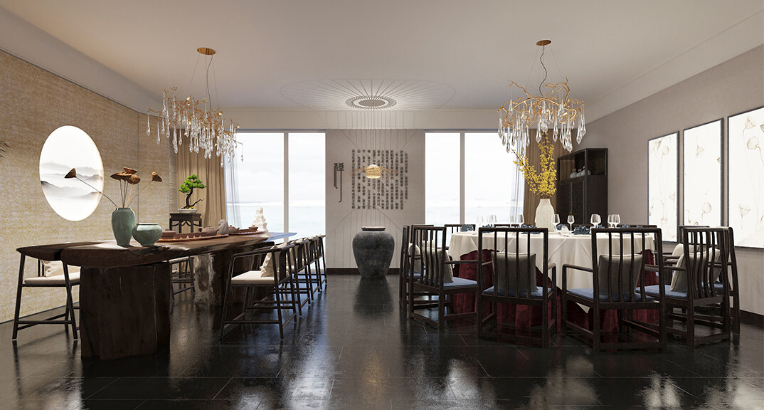 東海路700㎡獨(dú)棟別墅大廳新中式風(fēng)格裝修案例效果圖