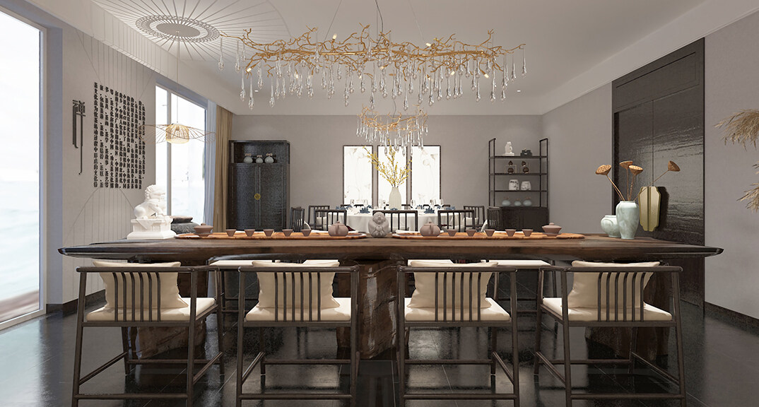 東海路700㎡獨(dú)棟別墅一層大廳新中式風(fēng)格裝修案例效果圖