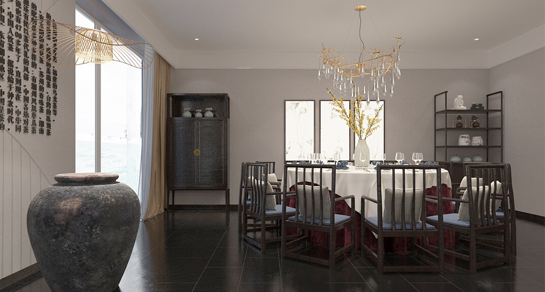 東海路700㎡獨(dú)棟別墅一層大廳餐廳新中式風(fēng)格裝修案例效果圖