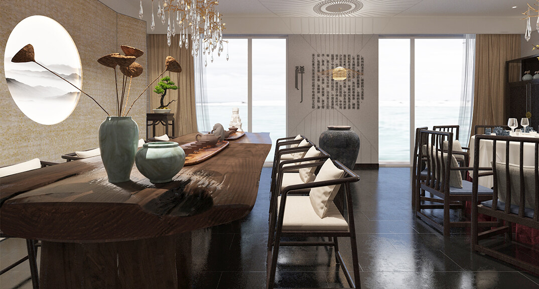 東海路700㎡獨(dú)棟別墅一層茶室新中式風(fēng)格裝修案例效果圖