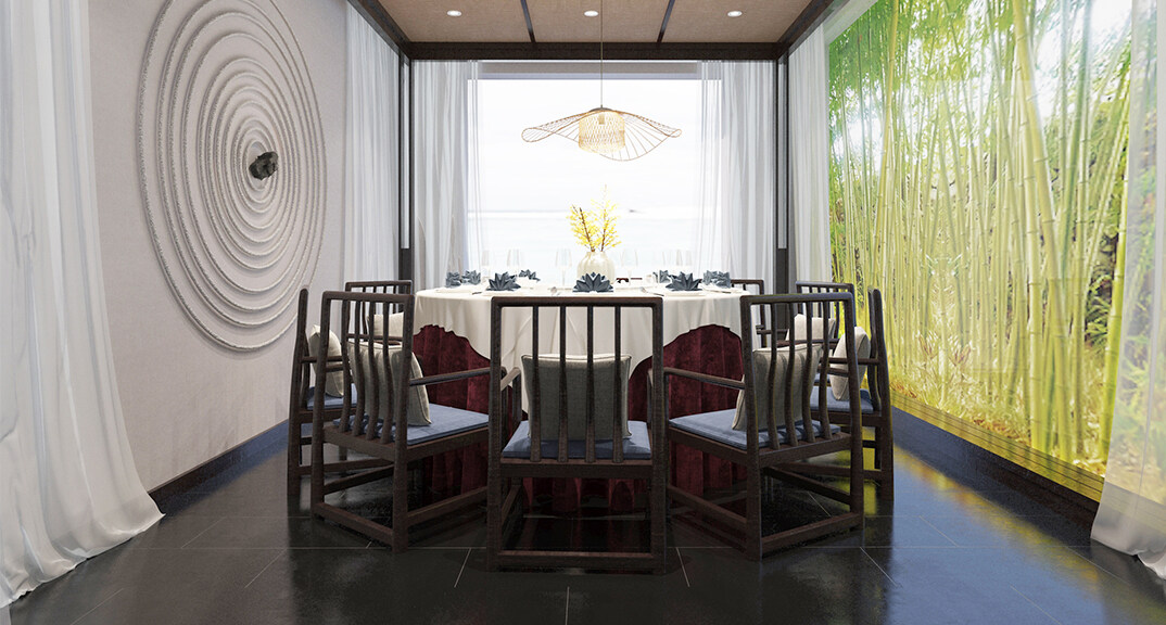 東海路700㎡獨(dú)棟別墅一層餐廳新中式風(fēng)格裝修案例效果圖