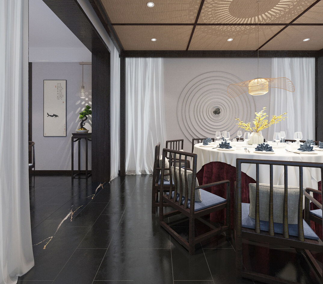 東海路700㎡獨(dú)棟別墅一層餐廳新中式風(fēng)格裝修案例效果圖