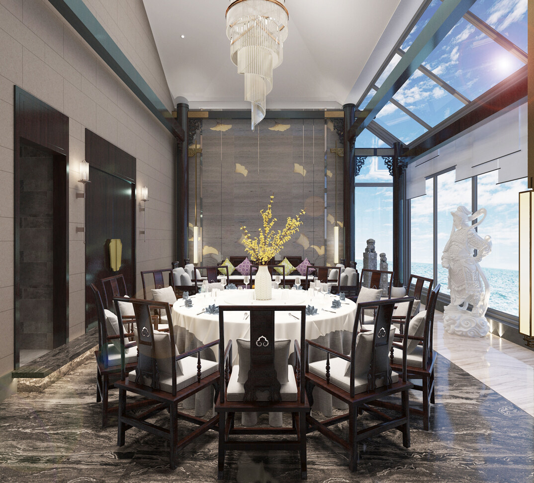 東海路700㎡獨(dú)棟別墅三層會(huì)餐廳新中式風(fēng)格裝修案例效果圖