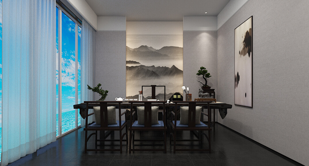 東海路700㎡獨(dú)棟別墅三層茶室新中式風(fēng)格裝修案例效果